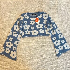 Blue Floral Crop Sweater w/ Flare Sleeves